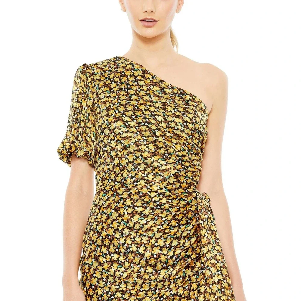 Ieena for Mac Duggal 26905 Floral Print‎ Draped One Sleeve Ruffled Hem Dress NWT